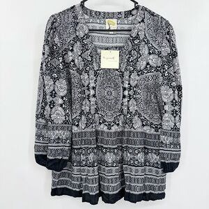 Anthropologie Fig Flower Shirt Womens L Black Mandala Flowy Boho Peasant Sleeve